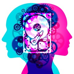 2 back-to-back human profiles overlaid with a hard drive and gears. The hard drive and gears represent the complexity of the mind and the processing power of technology.