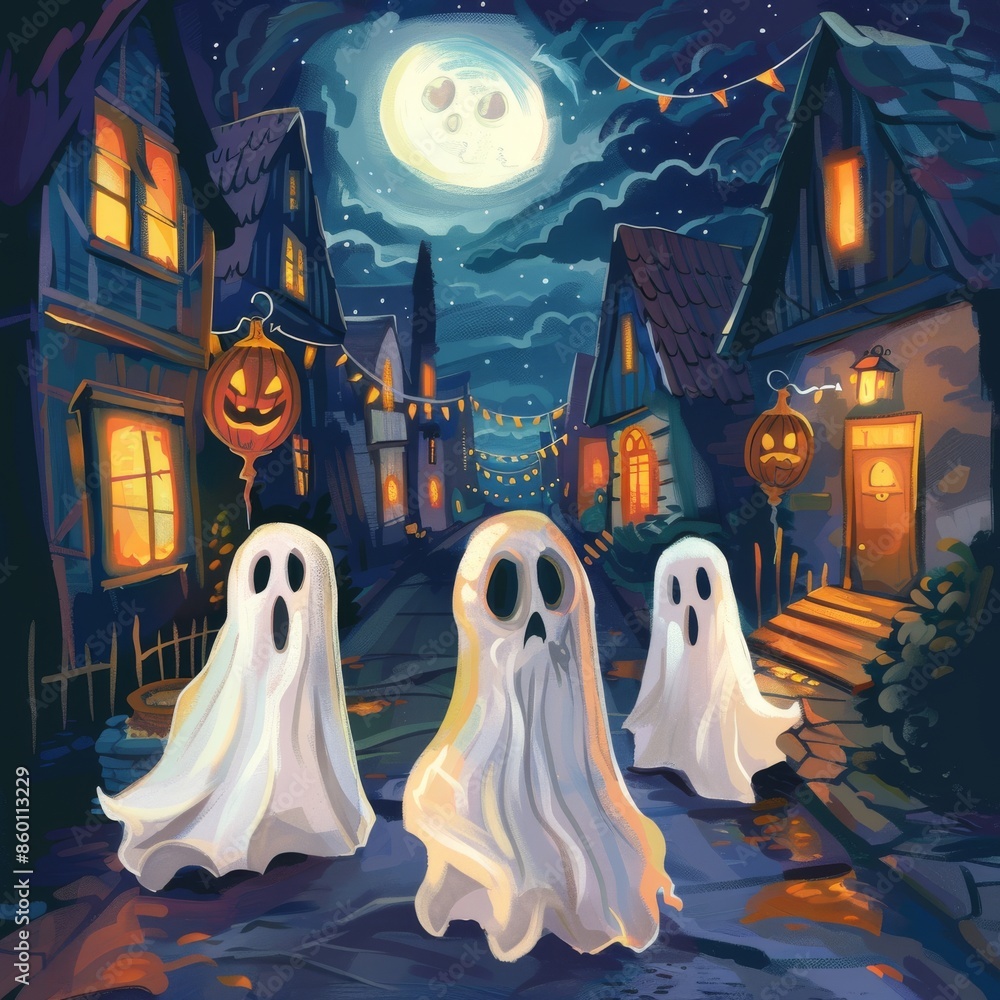 Wall mural halloween celebration with ghostly figures illustration