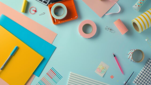 a flat lay composition of DIY craft supplies--scrapbooking paper, washi tape, and stickers