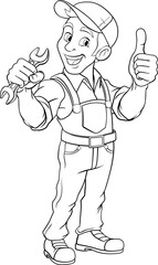 A handyman, mechanic, plumber or other construction cartoon mascot man holding a wrench or spanner tool.