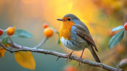 Obraz premium A vibrant European Robin with a reddish-orange chest and grey body is perched on a branch surrounded by autumnal foliage, exuding the beauty of nature in the fall season.