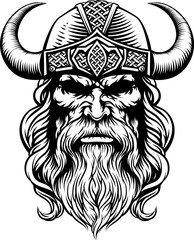 A Viking warrior or barbarian gladiator man mascot face looking strong wearing a helmet. In a retro vintage woodcut style.