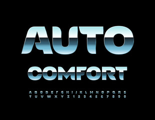 Obraz premium Vector metallic sign Auto Comfort. Exclusive Silver Font. Steel Alphabet Letters and Numbers set.