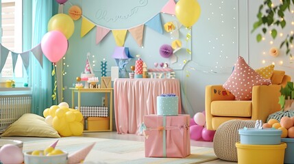 Beautiful interior of child's room decorated for birthday celebration