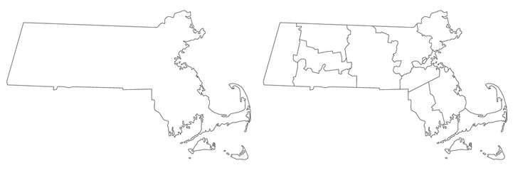 Massachusetts administrative map, Massachusetts outline and counties state map set - illustration version