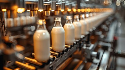 This image portrays milk bottles moving on a conveyor belt in a modern, automated dairy production facility, illuminated with warm light, ready for packaging and distribution.