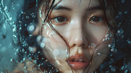 Attractive young Asian wet hair woman model with perfect  fresh skin on underwater simulation of lighting Face care Facial treatment Cosmetology Plastic Surgery Lovely girl portrait in : Generative AI
