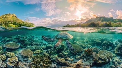 Sea Turtle Swimming Through Tropical Coral Reef at Sunset
