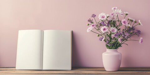 Fototapeta premium Vase with purple and pink bouquet, blank book on wooden table, romantic vintage spring decor.