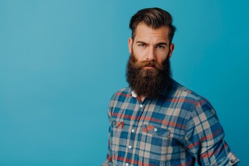 Fototapeta premium A stylish, handsome man with a trendy beard and mustache, exuding confidence in a casual shirt.