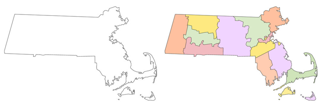 Massachusetts administrative map, Massachusetts outline and counties state map set - illustration version