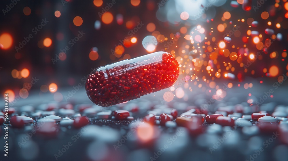 Poster a detailed image of a red capsule in sharp focus, surrounded by a mesmerizing array of tiny orbs and