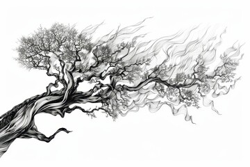 Abstract illustration of a twisted tree with flowing branches symbolizing movement and mysticism, rendered in black and white.