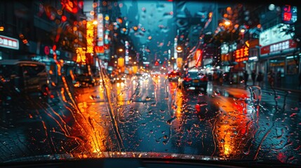 Fototapeta premium An atmospheric image showcasing a rainy city street with colorful lights reflected on wet surfaces, viewed through the raindrop-covered windshield of a car during nighttime.
