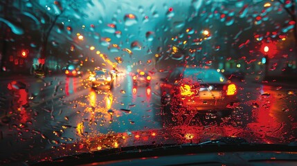 Fototapeta premium Detailed urban photograph taken through a raindrop-covered windshield, capturing the essence of nighttime city traffic with colorful streetlights reflecting on the wet road, evoking a vibrant mood.