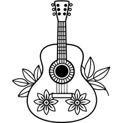 Adult coloring page featuring a hand-drawn guitar with a lovely flower background

