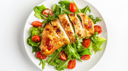 A plate of chicken and salad with a side of cucumber