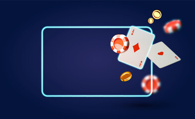 Online casino, welcome bonus, win banner, jackpot, poker, card suits, cards, money and poker chips.
