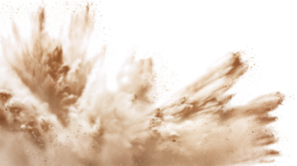 Dry Soil explosion with dirt and cloud smoke. Isolated on white background. Dirty ground abstract spread with flying particles