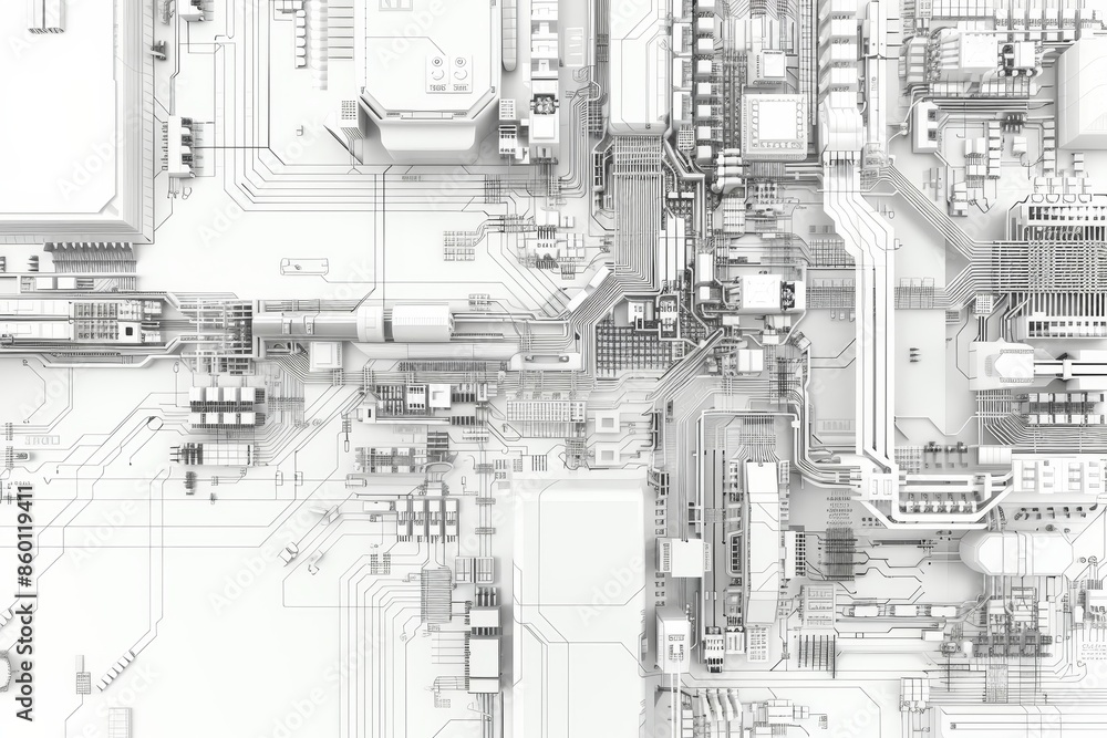Poster high-tech abstract circuit board background in grayscale showcasing electronic components and intric
