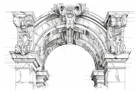 Intricate architectural sketch of a classical arched doorway featuring detailed decorations and stone textures.