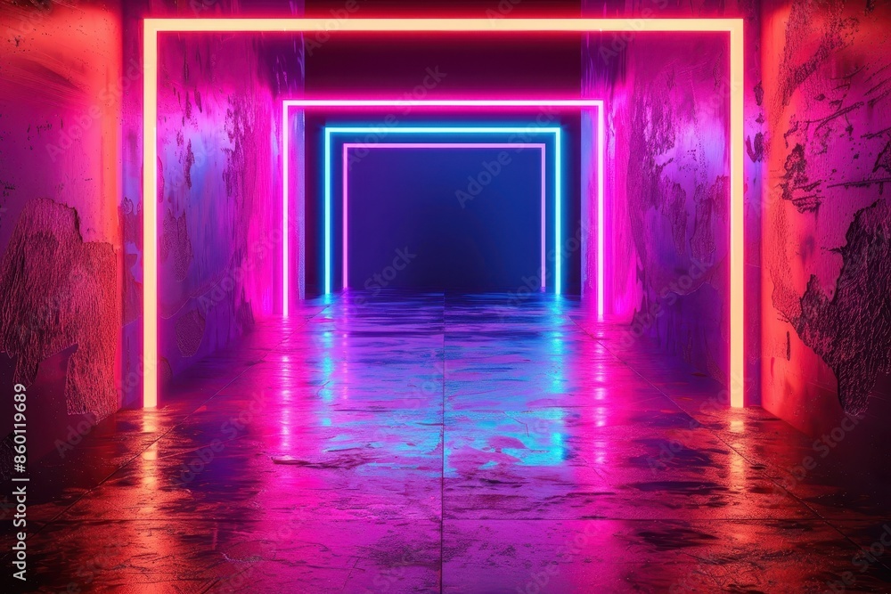 Poster neon-lit corridor with vibrant colors and geometric patterns, creating a futuristic and mesmerizing 