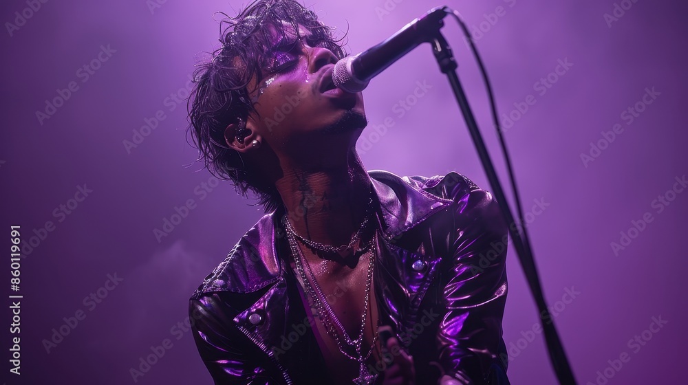 Poster an image of a vocalist passionately singing on stage, illuminated by vibrant lights, expressing deep