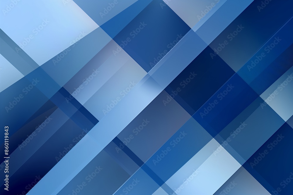Poster an abstract geometric composition in shades of blue, featuring rectangles, polygons, and a mosaic te