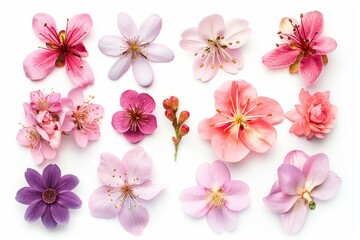 Delicate blossoming flowers in bright pink and purple hues, isolated on a white background for spring decor.