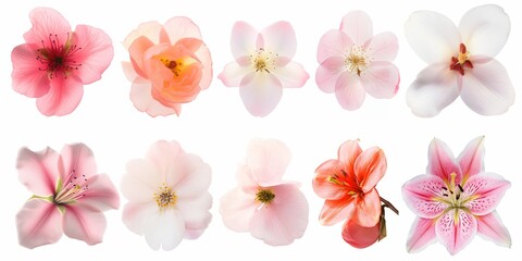 A collection of fantastic watercolor flowers in shades of purple and pink, isolated on a white background.