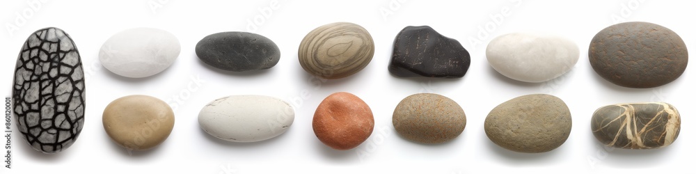 Poster a horizontal close-up of smooth, hard pebbles in various shapes and sizes on a white background.