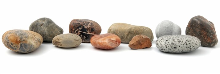 Smooth and hard stones of various shapes, textures, and colors, isolated on a white background. Ideal for decorative use, showcasing elements of nature.