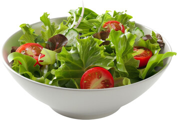 fresh green salad with tomatoes and cucumber in white bowl., isolated on transparent background