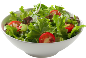 fresh green salad with tomatoes and cucumber in white bowl., isolated on transparent background