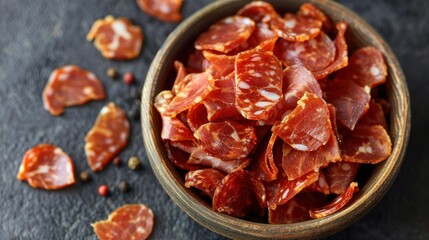 A close-up of a bowl filled with thin slices of cured salami, ready for a savory snack