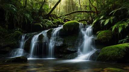 Fototapeta premium Waterfalls sway amidst the mist and sunlight of a rainforest in Thailand.