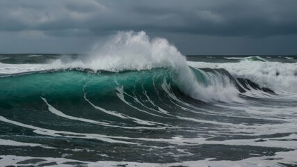 Fototapeta premium Strong sea waves hit the coast during the approaching thunderstorm.