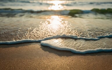 light reflecting sea waves Color the sandy beach with a touch of summer paradise during sunset.
