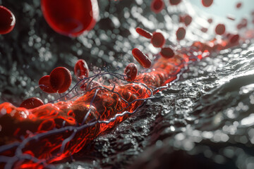 A red and black image of a blood vessel with red blood cells