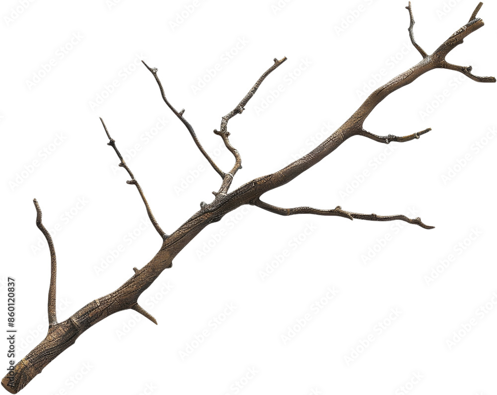 Poster isolated dry branch with bark texture for nature design - forest branch with twigs and knots, isolat