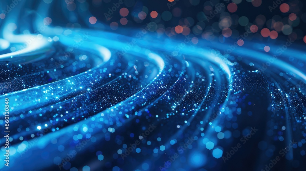 Poster colorful neon light trails on a curved path symbolize tech innovation and dynamic motion in a futuri