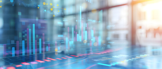 Fototapeta premium A futuristic perspective of a digital interface with bar and line graphs, showcasing financial data and trends.
