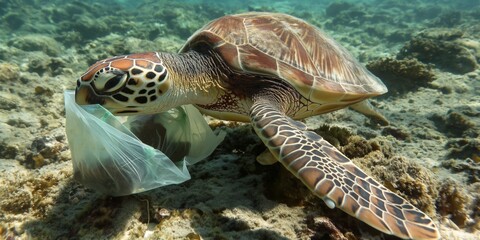 Fototapeta premium An underwater scene depicting a sea turtle amidst marine pollution, highlighting environmental concerns in tropical waters.