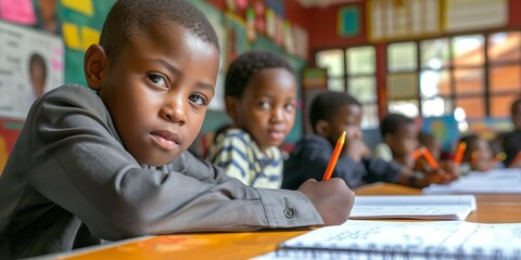 Primary class with different students actively participating in learning.