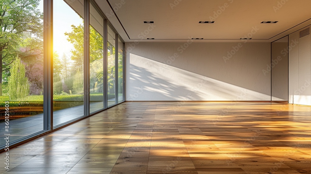 Poster background image of spacious empty room with large floor-to-ceiling windows with sun shine and parqu