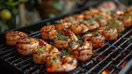 High-resolution image displaying succulent shrimp grilling on a barbecue, topped with fresh herbs, capturing the essence of outdoor cooking and mouth-watering seafood.