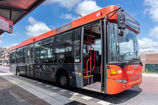 Hoorn, Netherlands -June 8, 2024: EBS R-Net Scania OmniLink bus