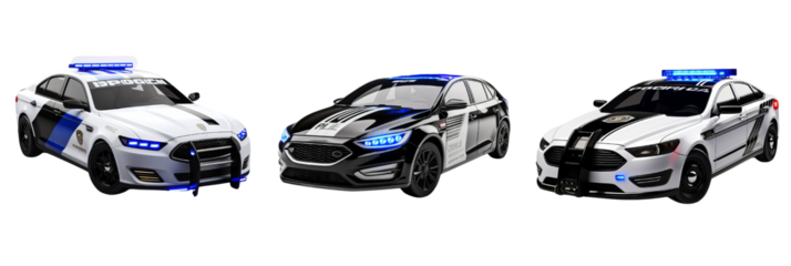 Set of expensive fast police cars law force isolated on transparent background 