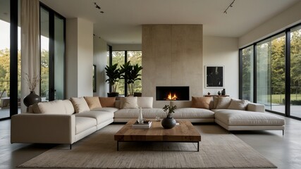 minimalist living room with large windows
