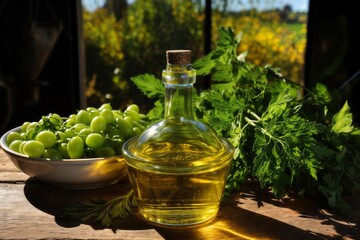 olives and bottle of oil and fresh leaves of greenery on a table by the window, a beautiful still life in an old country house, rural style